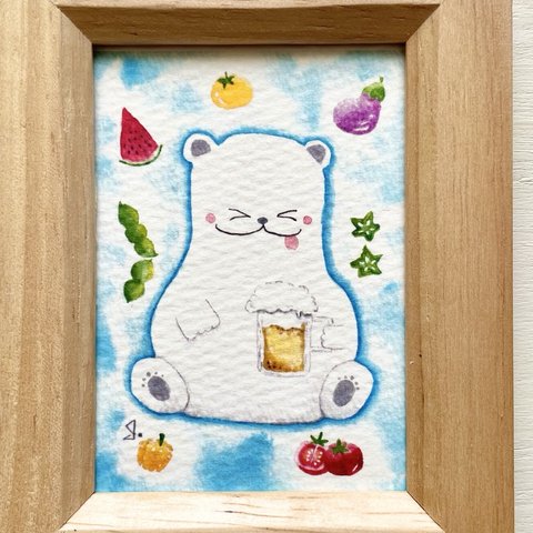 🍺透明水彩画「ビールで乾杯」イラストミニ額  プチギフト  夏ギフト　暑中見舞い　残暑見舞い　しろくま　シロクマ　野菜　スイカ　お中元