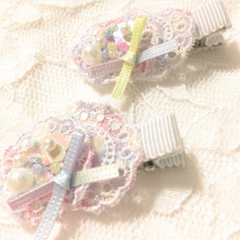 【2歳〜】レースと刺繍のヘアクリップ