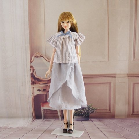 momoko ジェニー outfit.126 ストライプブラウスとシフォンジョーゼットのスカート（ブルー）セット