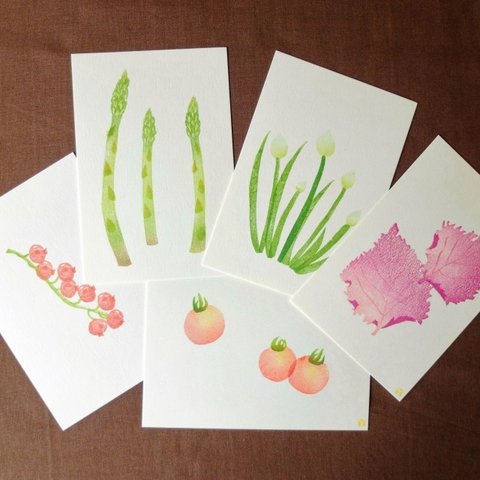 消しゴム版画（消しゴムハンコ）植物シリーズ1  ポストカード5枚セット