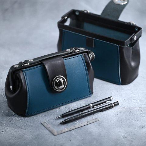 【ポーチサイズの本格鞄】　ポーチ　ペンケース　ヌメ革　ブルー×ブラック