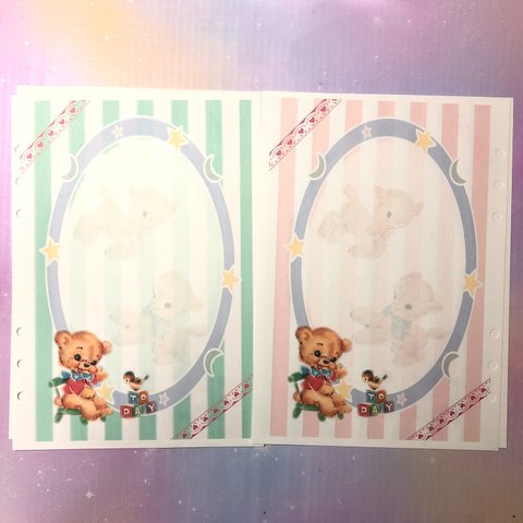  手帳♡メモ A5サイズ 6穴リフィル   ♪レトロアニマルBaby  両面色違い♡   バラ10枚セット  