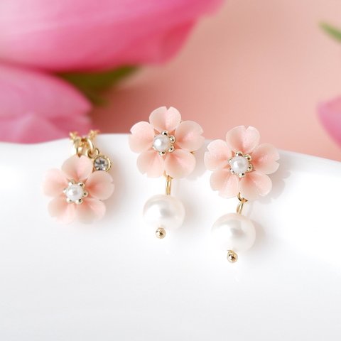 新春限定福袋!ほんのり輝くパール桜と淡水パールのイヤリング（ピアス）&ネックレスセット(受注制作) 
