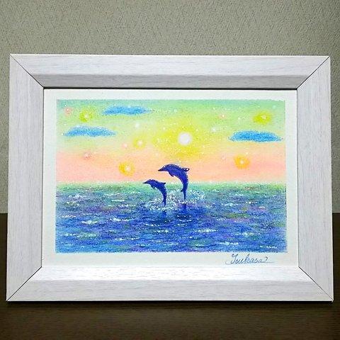 海とイルカのパステルアート　夜明け前に　パステル原画