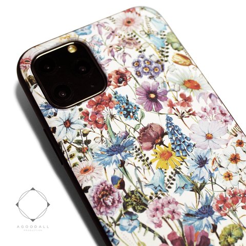 【iPhone15/15pro/14/14pro/13/13pro/13mini/12/11pro/11~】レザーケースカバー（花柄×ブラック）ワイルドフラワー　ボタニカル 　アイフォンケース　耐衝撃