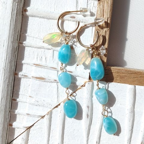 ❁2way Larimar Sea hoop earrings All 14kgf❁美しいハイクオリティラリマー