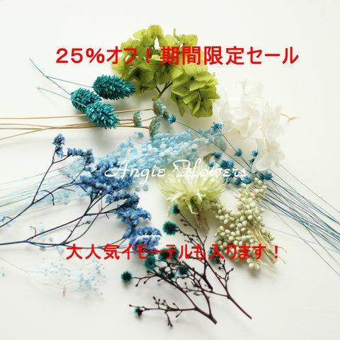 25%OFF！安すぎる！花材セール　イモーテル入りブルー×グリーンセット　プリザーブドフラワー　ドライフラワー