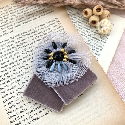 ビーズ刺繍＊チュールリボンとベロアリボンヘアゴム