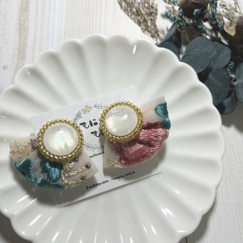 シェル×ブルーピンク インド刺繍リボン ピアス イヤリング