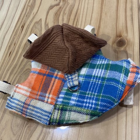 L パッチワークハーネス　ニットフード　うさぎハーネス　kugshop うさぎ服　うさぎハンドメイドハーネス　うさぎ男の子　うさぎ女の子　ユニセックス　カジュアル