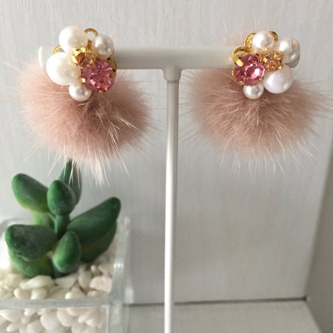 ビジュー×ミンクファー  ピアス