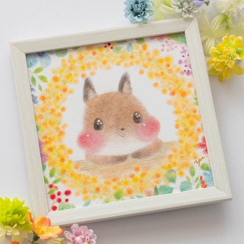 【複製画】「お花畑のエゾリスさん」　パステルアート　動物　花　かわいい　イラスト