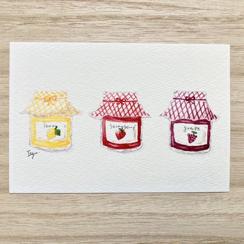 🍓透明水彩画「jam」北欧イラスト　ポストカード  2枚セット　ジャム　いちごジャム　イチゴ　苺　ブドウ　ぶどう　レモン　キッチン雑貨🍓