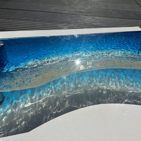 新色　アートガラスモニターラック  波紋ブルーオーシャン　テレビスタンド　海　砂浜
