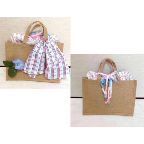 4way☆お花とマリンスカーフ＆巾着の麻素材ハンドバッグ