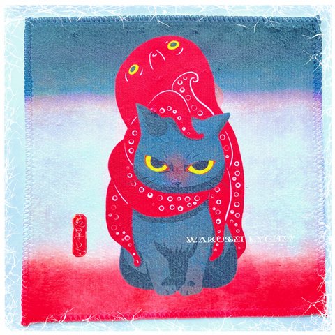 縁起物の猫に蛸が描かれた浮世絵風ハンドタオル・黒猫