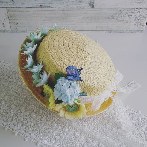 向日葵と紫陽花のブローチ＋フランネルフラワーのガーランド(子供用カンカン帽付き)