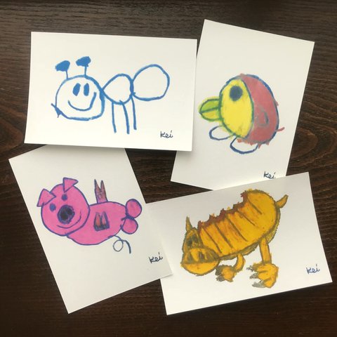 ほっこりかわいいＫｅｉちゃんイラストポストカード４枚セット 『ありんこ』『ペンギン』『ブタくん』『きょうりゅう』