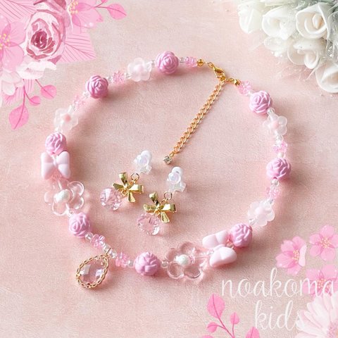 再販 ＊little princess＊ pink flower キッズイヤリング + キッズ ネックレス セット ＊ キッズアクセサリー 女の子 プレゼント 誕生日 子供 小学生 花 首飾り ピンク