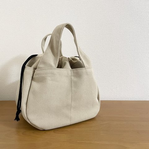 8号帆布 まちころポケットbag アミポシェ 無地 シンプル 巾着トートバッグ 外ポケット ころんとかわいい ラウンド 丸い まーるい 