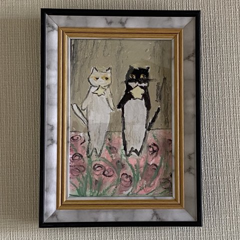 絵画。原画【猫ちゃんたちは首に星をぶら下げて花の海でデートしている】