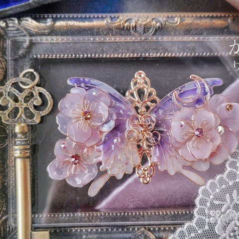 （6cm金具）夢みるふたりの薔薇と蝶のバレッタ（hair ornaments of  butterfly〜Eden of the mountains〜）