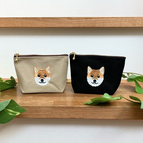 刺繍ポーチ〈柴犬/ベージュ・ブラック〉