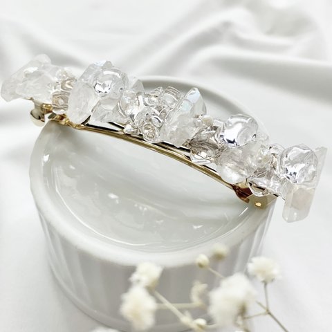 ice crystalバレッタ/金具 最大10cm/水晶 淡水真珠/選べる金具カラー/ウェディング〈受注制作〉