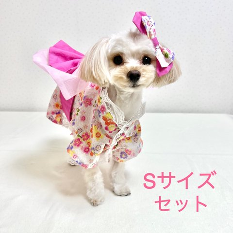 【犬・猫用】犬浴衣　桜　Sサイズ　犬リボン　セット