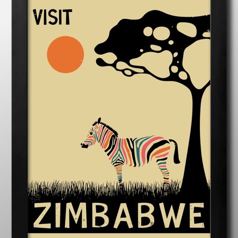 14039■ポスター　絵画　インテリア　A3サイズ　『ジンバブエ　アフリカ　シマウマ』イラスト　アート　北欧