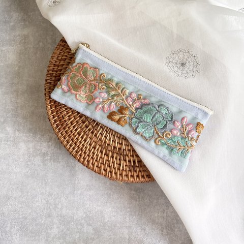 インド刺繍×帆布/フラットタイプ ペンケース・ペンポーチ