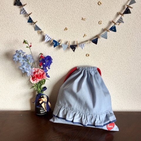 デニムフリルの体操着袋/cup bag/入園入学/保育園/幼稚園/小学校/通園/通学/女の子