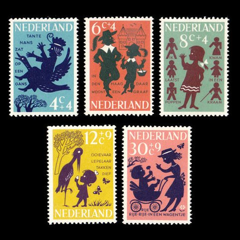 影絵 童話 おとぎ話 オランダ 1963年 外国切手5種 未使用【童話切手 蒸気猫素材】