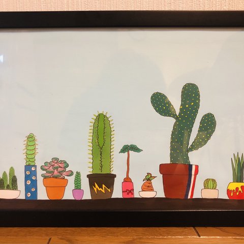 窓際のサボテン🌵ポスター イラスト 絵画 アクリル画  