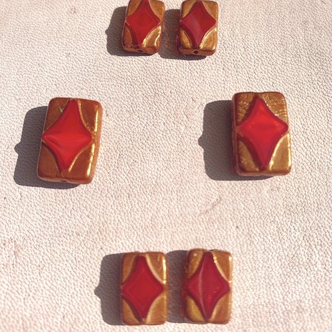 【13×8㍉4コ＋17×11㍉2コセット】JIRI＊IVANA#czech beads#チェコビーズ　rectangle rhombs mixassort red/copper