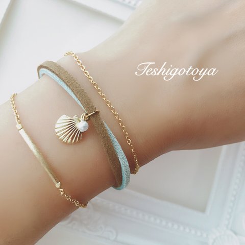  suède cord bracelet(水色×茶)