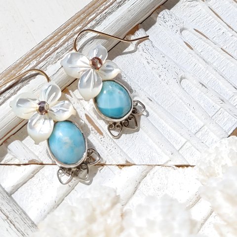 ❁Larimar＆flower earrings 14kgf＆silver925❁