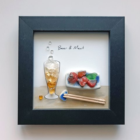 〈ビールとお肉〉天然石・シーグラスアート