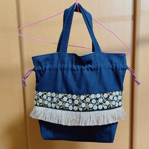 巾着バッグ　トートバッグ　インド刺繍リボン