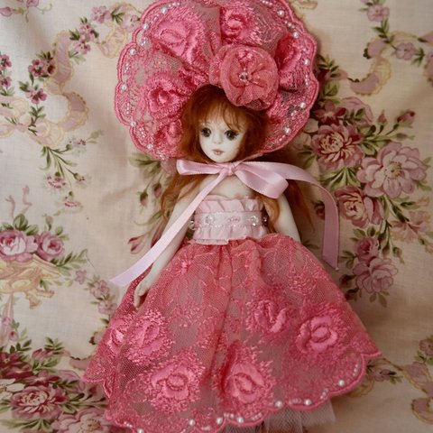 15cm６パーツ　球体関節人形　　オールビスクドール　ピンクの薔薇レース