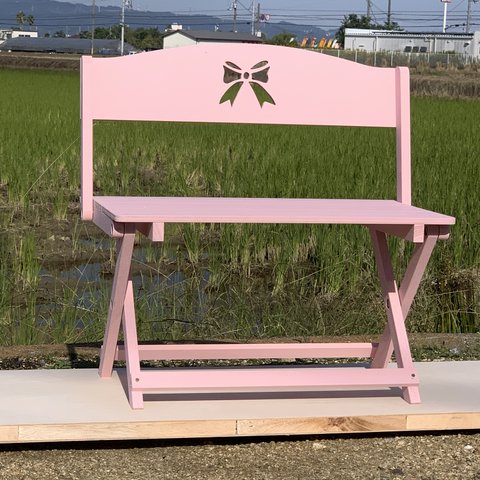 受注製作Lサイズリボン🎀・ピオニーピンクわんちゃん撮影会用折り畳みベンチ