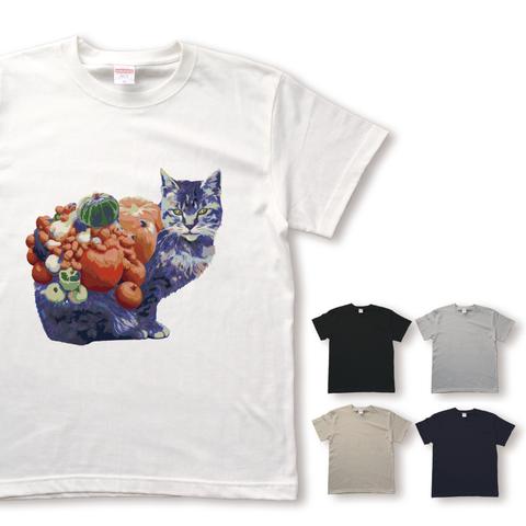 鮮やかカボチャ猫のTシャツ