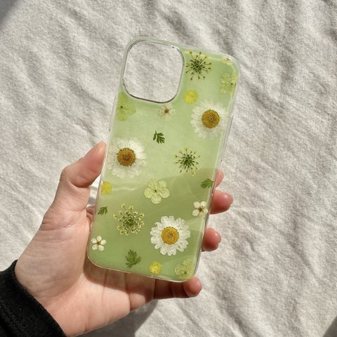 【green】 押し花スマホケース　手帳型ケース　ソフトケース　android 全機種対応　iPhoneケース　14 13 12 15 8 アンドロイド　ノースポール 春　緑