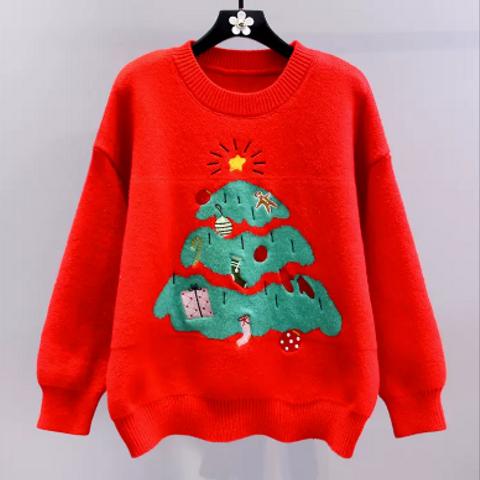 クリスマスツリー赤 セーター 冬の新しい ゆったり した デザイン感 ニット トップス