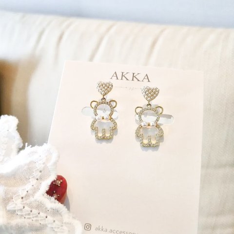 在庫限定◆14kgp◆Bear Pearl bijou earring   クマとパールのビジューイヤリング　樹脂ピアス樹脂イヤリングテディベア可愛い痛くない金属アレルギーノンホールピアス