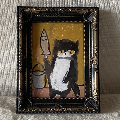 絵画。原画【かわいい黒猫が魚を釣った】