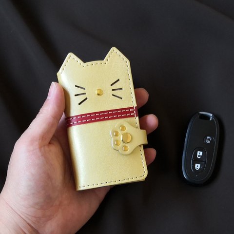 金色子猫の三つ折りレザーキーケース＊カードポケット付き