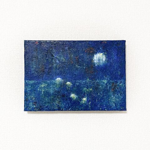 原画 油絵 海夜のレモン 夜の海のアート 抽象画 SM/サムホール スタイリッシュ ネイビーブルー モダンアート