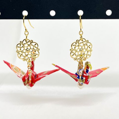 origami crane earrings  L   no.12  /  pearl パール　折り紙　ピアス　鶴　お土産　ギフト　gift souvenir 和服　和装　浴衣　着物　kimono 