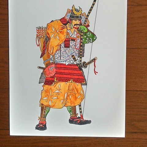 036  色鉛筆画 (水彩色鉛筆)A3サイズ   鎧武者イラスト  騎馬武者　サムライ